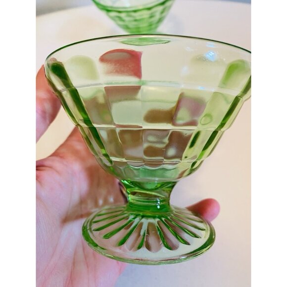 Anchor Hocking Block Optic Sherbet Dish x 2 Uranium Glass Vaseline Dish - Picture 8 of 10